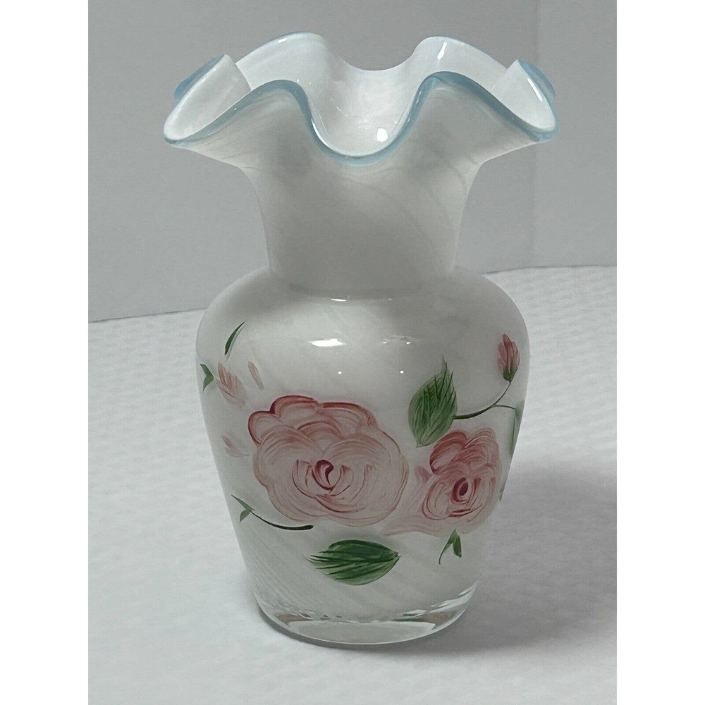 Fenton White Swirl Aqua-Blue Ruffled Edge Hand‎ Painted Roses Vase